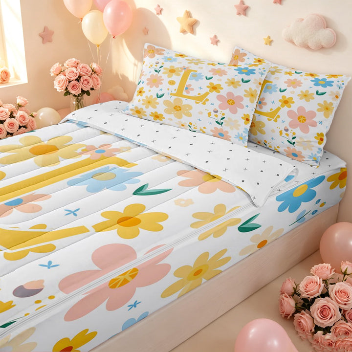 meiyoeat Floral Letter L Zipper Full Size Comforter Sets with Fitted Sheet and 2 Pillowcases for Girls, Spring Daisy Groovy Zipper Bedding Set, Multicolor, Reversible, 4 Pieces
