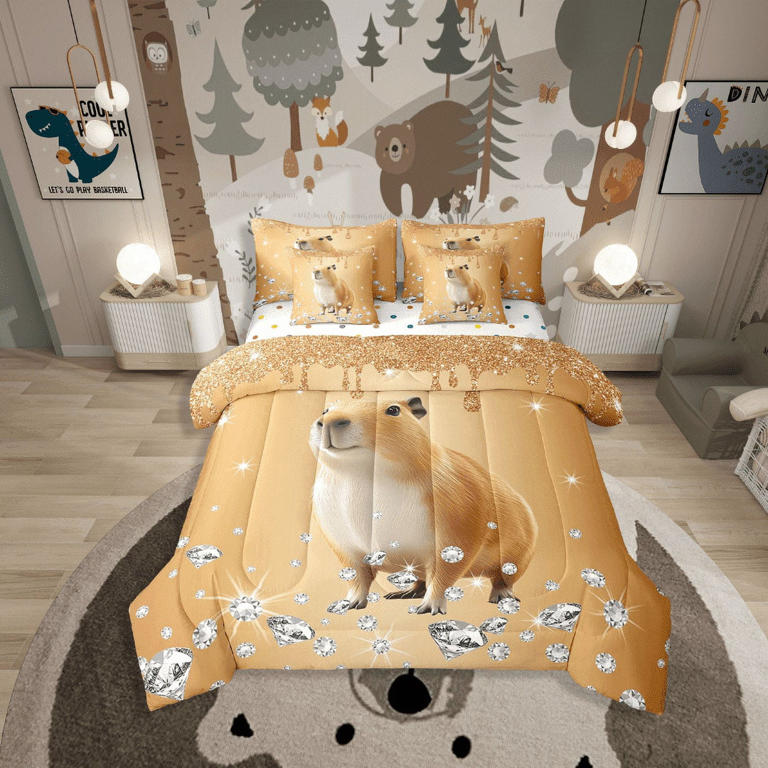 Erosebridal Kawaii Guinea Pig Bedding Sets Twin Size,Bling Sequin Print Comforter Sets With Sheets,Crystal Room Decorative,Reversible,Breathable,7Pcs