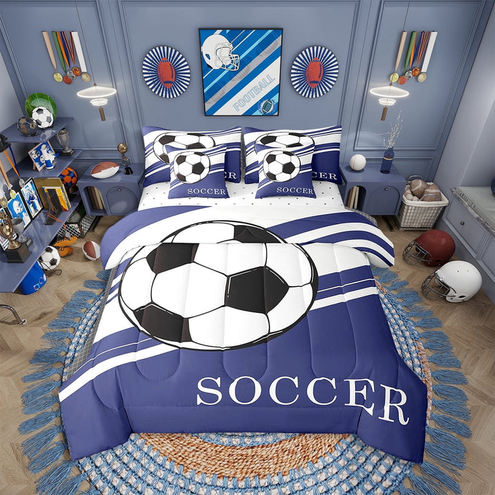 Erosebridal Soccer Comforter Set Twin 7 Pcs Football Purple White Black Geometric Stripes Bedding Set Soccer Ball Game Sports Theme Bed in a Bag with Comforter,Sheets