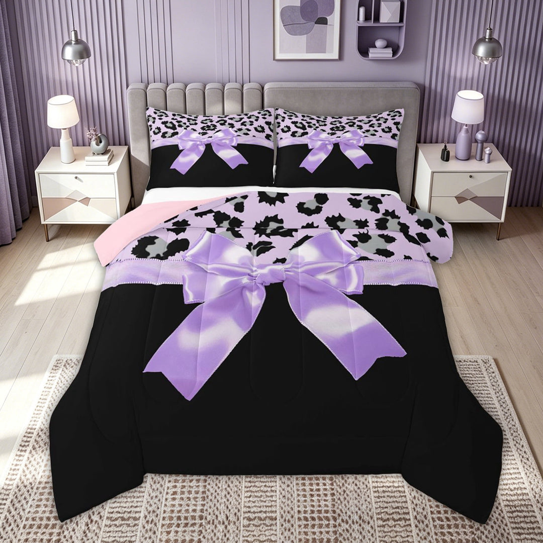 meiyoeat Cute Princess Bow Full Size Comforter Sets for Kids Girls, Leopard Print Bedding Comforter Set for Bedroom, Black Purple, Pink Reversible, 3pcs