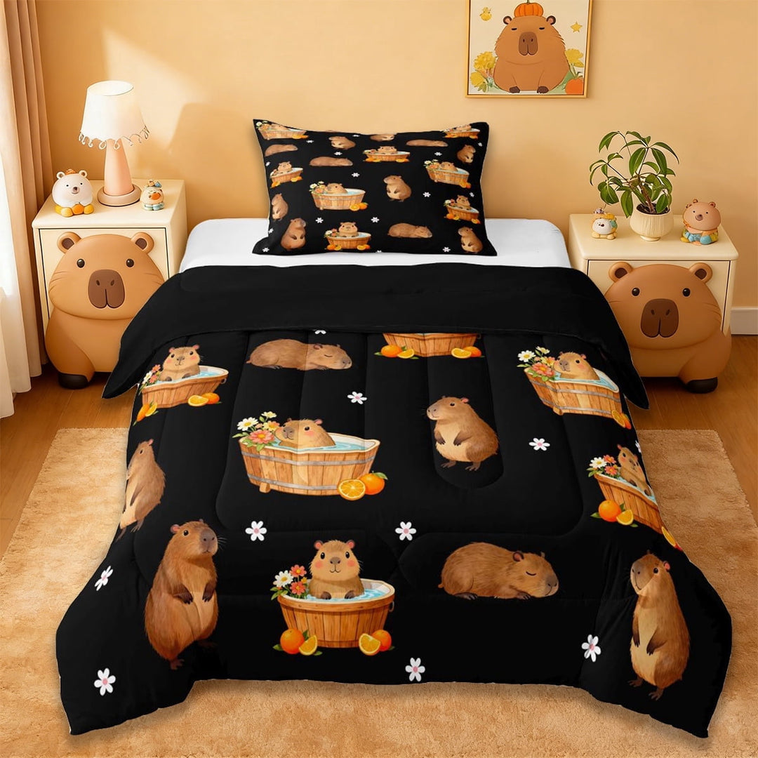 Erosebridal Brown Cartoon Capybara Twin Comforter Sets,Kawaii Daisy Blossom Bedding Set For Kids Teens ,Reversible Black 2pcs