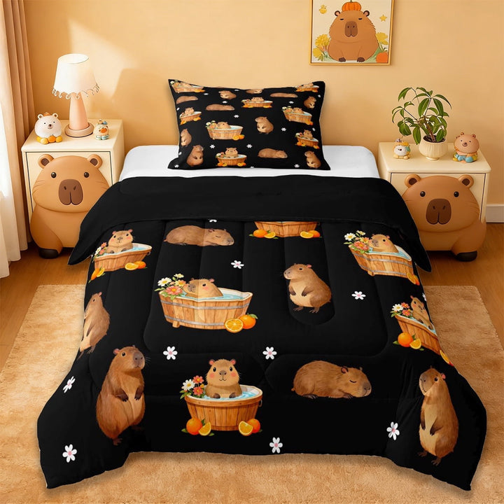 Erosebridal Brown Cartoon Capybara Twin Comforter Sets,Kawaii Daisy Blossom Bedding Set For Kids Teens ,Reversible Black 2pcs