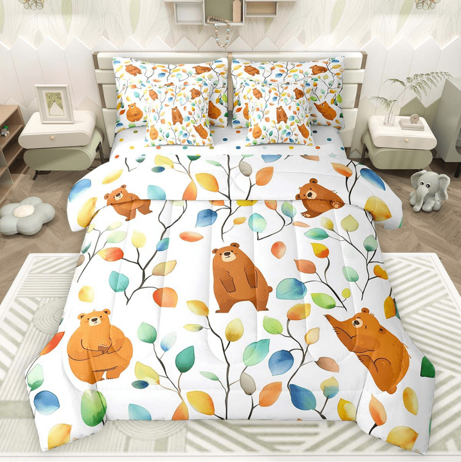 Erosebridal Funny Bear Twin Comforter Set 7pcs Chic Elegant Floral Bedding Comforter Sets, Woodland Animal Bed in a Bag Watercolor Leaves Bedding Set, Tropical Plant Bed Sheets Set