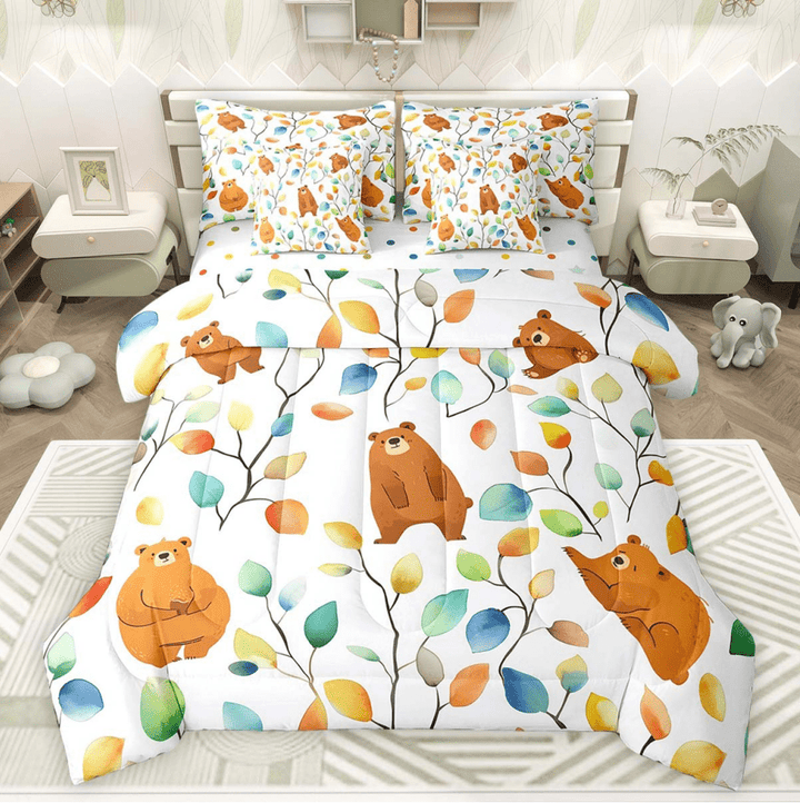 Erosebridal Funny Bear Twin Comforter Set 7pcs Chic Elegant Floral Bedding Comforter Sets, Woodland Animal Bed in a Bag Watercolor Leaves Bedding Set, Tropical Plant Bed Sheets Set