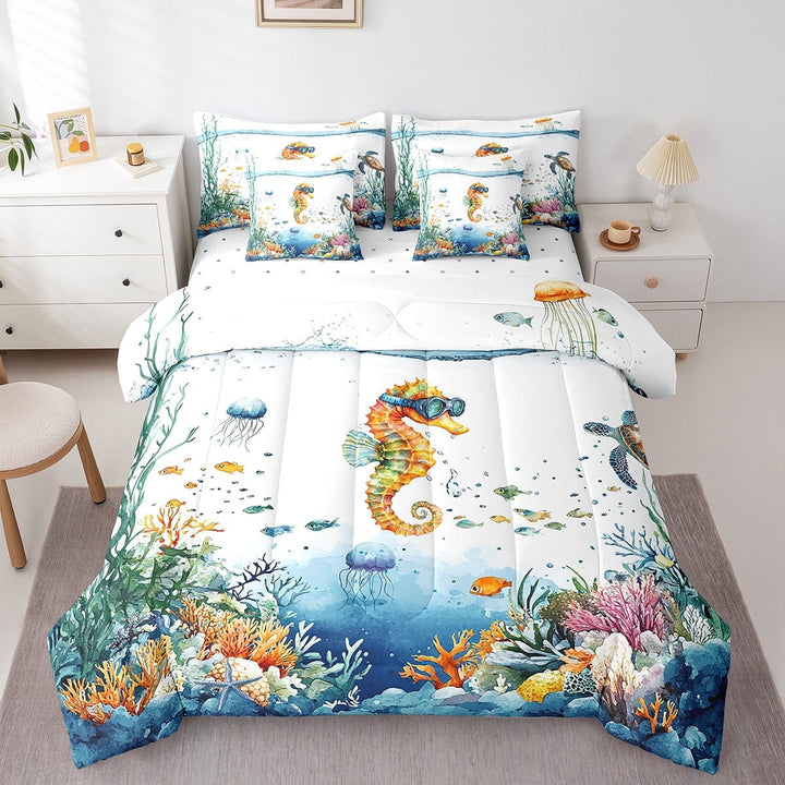 Funny Seahorse Bed in a Bag Queen Comforter Set 7 Piece,Sea Turtle Jellyfish Coastal Bedding Set Blue Ocean Sheet Set,Cute Fish Coral Seaweed Bed Set,Kawaii Nautical Creature Tropical Beach Decor