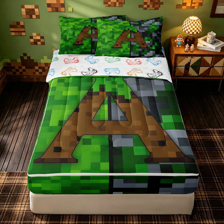 meiyoeat Pixel Game Alphabet A Zipper Full Size Comforter Sets with Fitted Sheet and 2 Pillowcases for Girls Boys, Blocky Letter Zipper Bedding Set, Green Brown, Gamepad Reversible, 4pcs