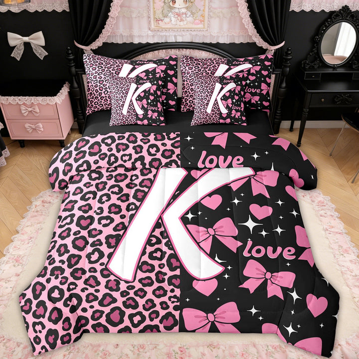 Erosebridal Leopard Print Letter K Bedding Comforter Set for Girls, Pink Initial Ribbon Full Bedding Set, Black Reversible, 7-Piece