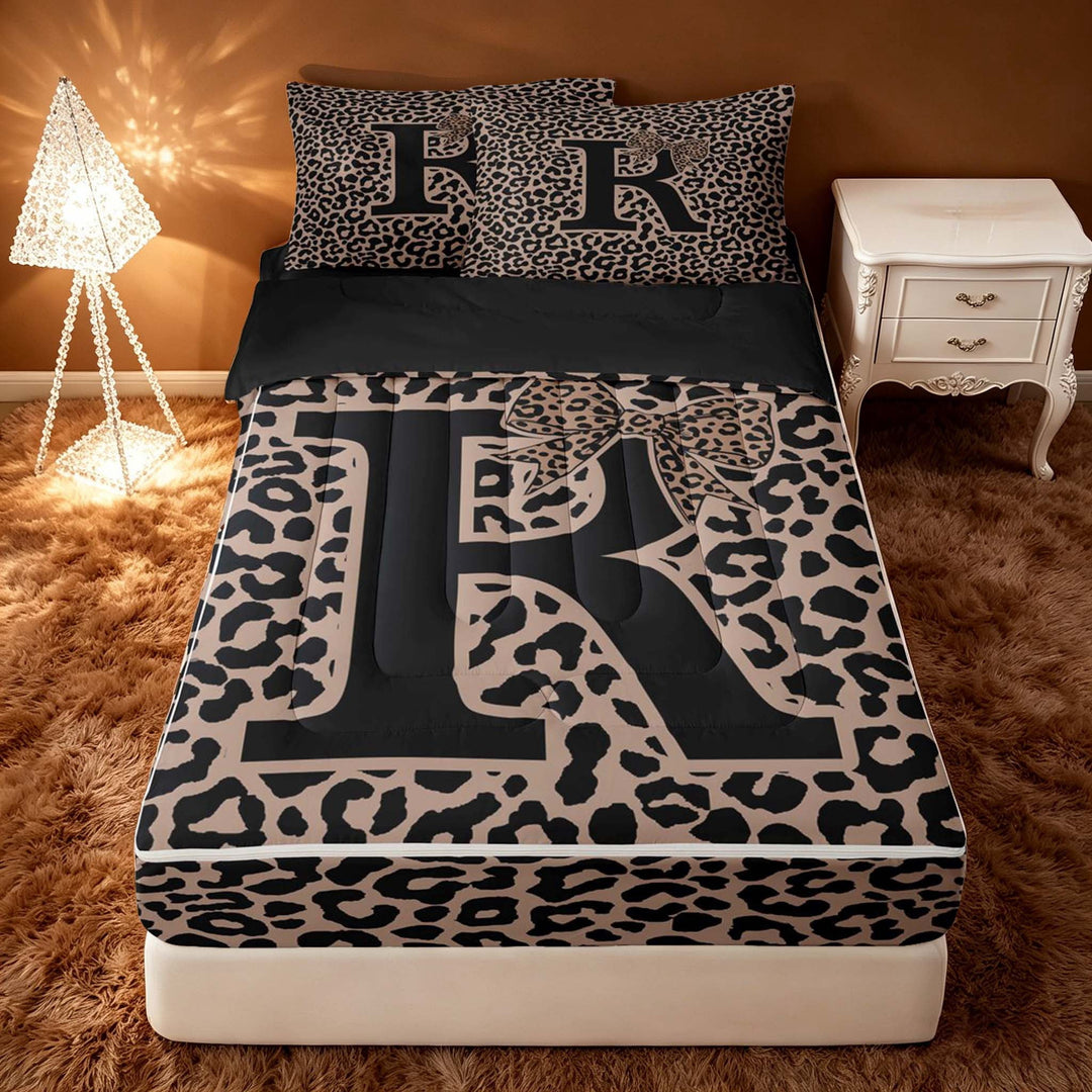 meiyoeat Leopard Print Bow Letter R Zipper Twin Comforter Sets with Fitted Sheet and 2 Pillowcases, Women Teens, Brown Animal Print Zipper Bedding Set, Black Reversible