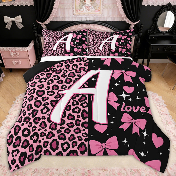 Erosebridal Leopard Print A Letter Full Size Comforter Sets for Girls, Black Pink Bowknot Bedding Sets, Black Reversible, 3pcs