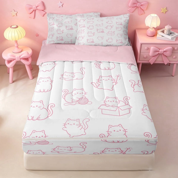 meiyoeat Pink Cute Cat Pattern Zipper Twin Comforter Sets with Fitted Sheet and 2 Pillowcases,Girly Kitten Print Zipper Bedding Set For Girl,Reversible,4 Pieces