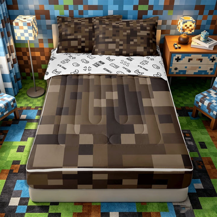 Meiyoeat Pixelated Miners Game Zipper Full Size Comforter Sets with Fitted Sheet and 2 Pillowcases, Rustic Mosaic Print Zipper Bedding Set, Multi Brown Tones,4pcs