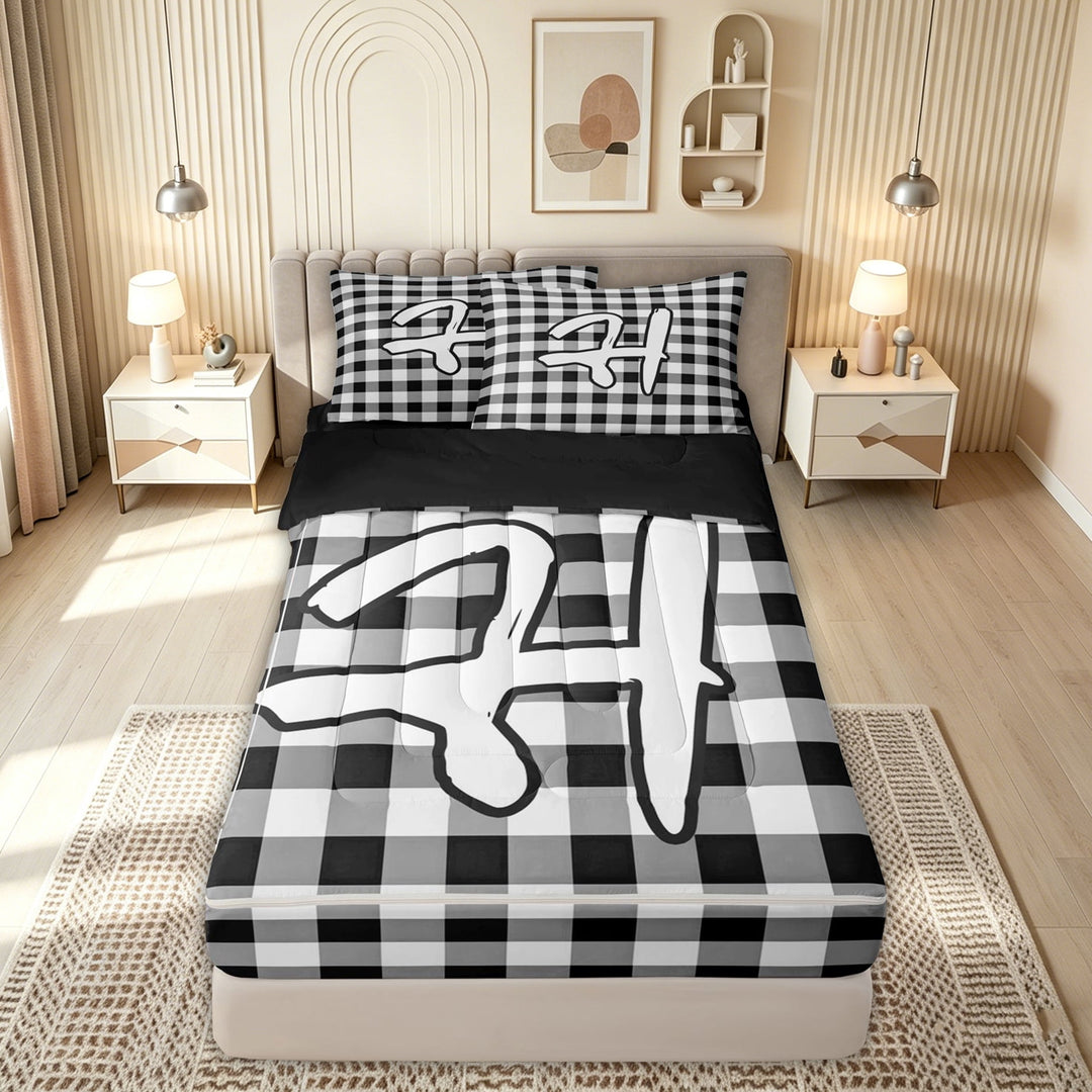meiyoeat Graffiti Letter Zipper Comforter Set with Fitted Sheet and 2 Pillowcases for Kids, Checkered Grid Zipper Bedding Set, Black White, Black Reversible, 3pcs