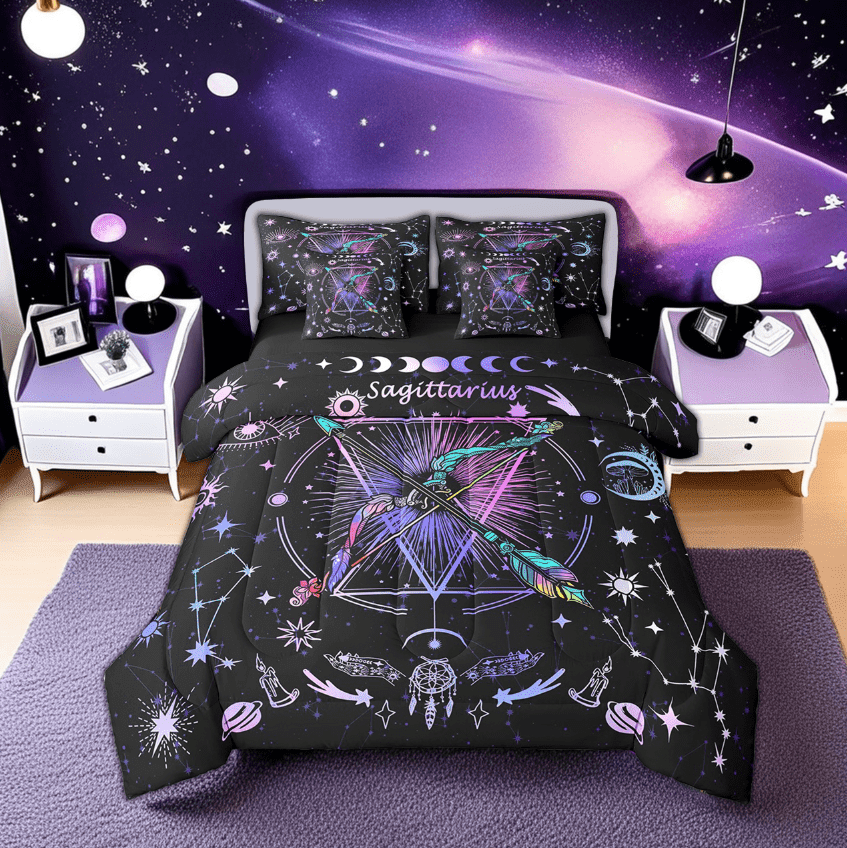 Erosebridal Hippie Sagittarius Bedding Sets Twin Size, Trippy Astrology Comforter Sets with Sheets, Horoscope Constellations Room Decor, Reversible 7-Piece