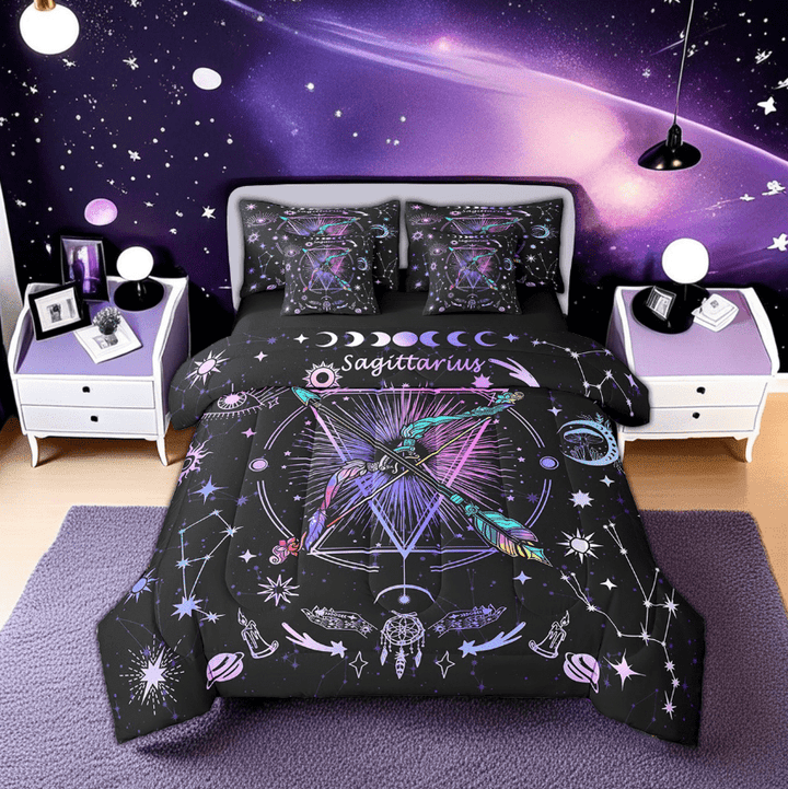 Erosebridal Hippie Sagittarius Bedding Sets Twin Size, Trippy Astrology Comforter Sets with Sheets, Horoscope Constellations Room Decor, Reversible 7-Piece