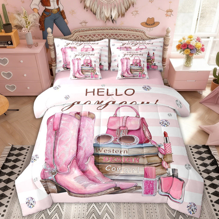 Erosebridal Pink Cowgirl Boot Kids Twin Bedding Sets, Fashion Princess Bedding Comforter Set, 7pcs