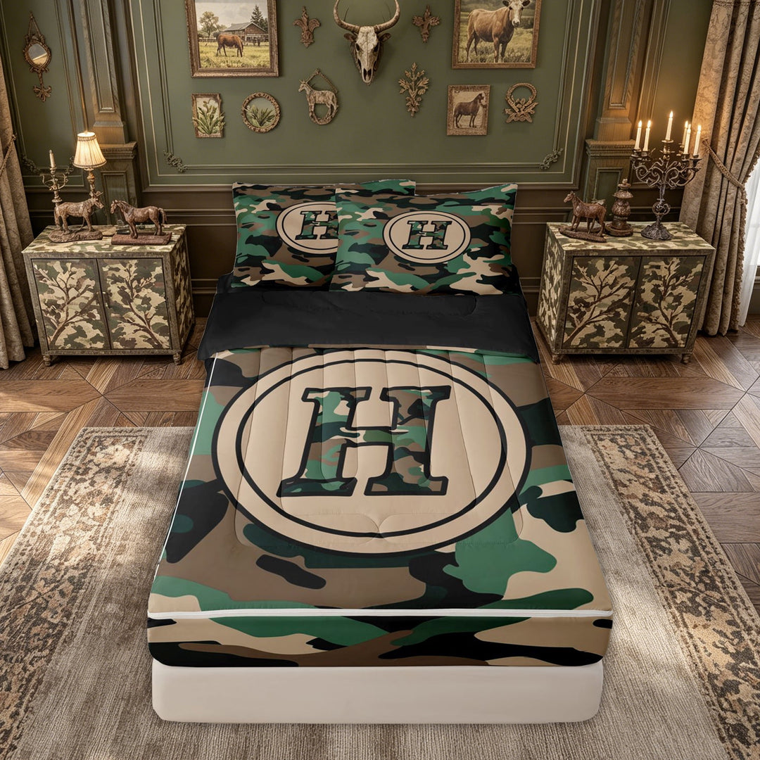 meiyoeat Camo Letter Zipper Comforter Set with Fitted Sheet and 2 Pillowcases for Kids, Vintage Camouflage Zipper Bedding Set for Kids, Green, Black Reversible, 3 Pieces
