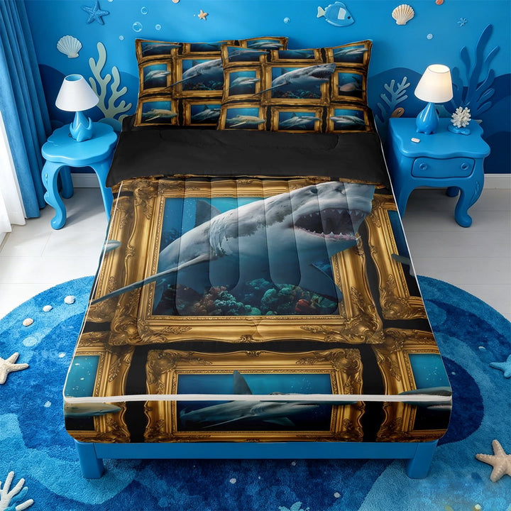meiyoeat Ocean Animal Shark Zipper Full Size Comforter Sets with Fitted Sheet and 2 Pillowcases For Boys,Vintage Coastal Style Zipper Bedding Set Kids,Black Reversible,4 Pieces