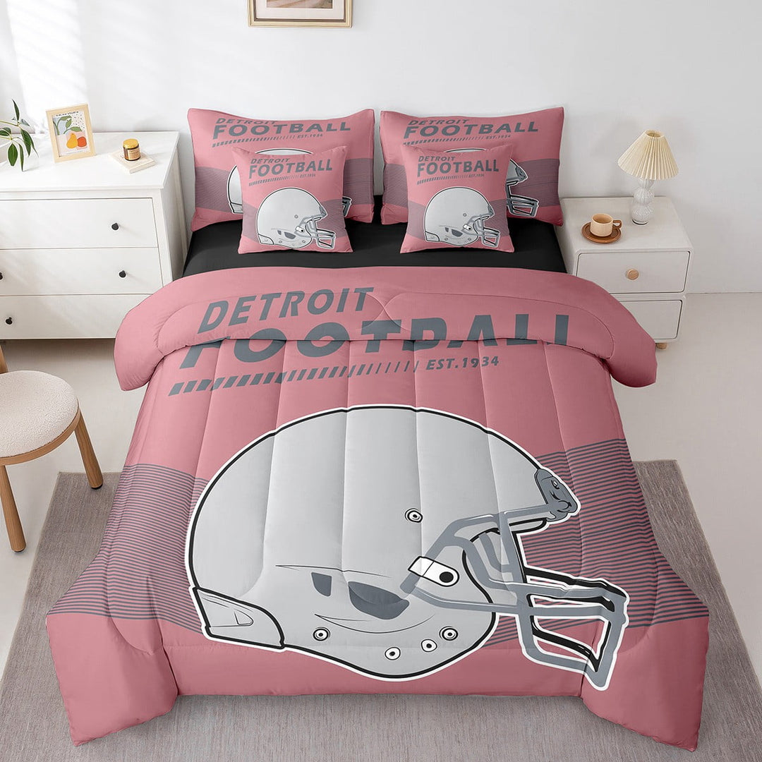 7Pcs Queen Size American Football City Bedroom Comforter Sets with Sheets American Football Sports Game Comforter Sets Bed in a Bag with Pillowcases &amp; Throw Pillow Covers, Detroit
