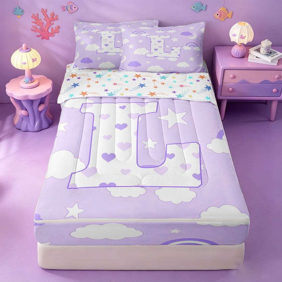 meiyoeat Purple Rainbow Cloud Monogram L Zipper Full Size Comforter Sets with Fitted Sheet and 2 Pillowcases,Stars Loves Initial Zipper Bedding Set For Girl,Colorful Stars Reversible,4-Piece