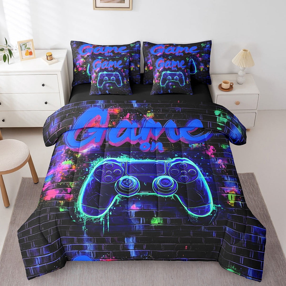 Erosebridal Video Game Bedding Sets Twin Size,Gamepads Gamer Comforter Sets with Sheets,Abstract Geometric Bed in a Bag Twin size,Lightweight Neon Room Decoration,Reversible,7pcs