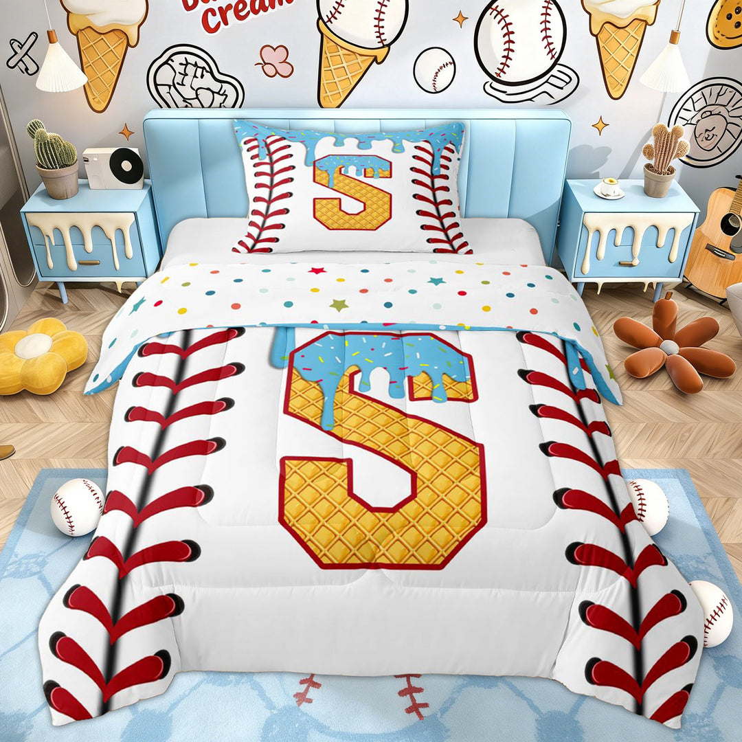 Erosebridal Blue Initial S Kid Twin Comforter Sets, Cute Ice Cream Baseball Bedding Set, 2pcs