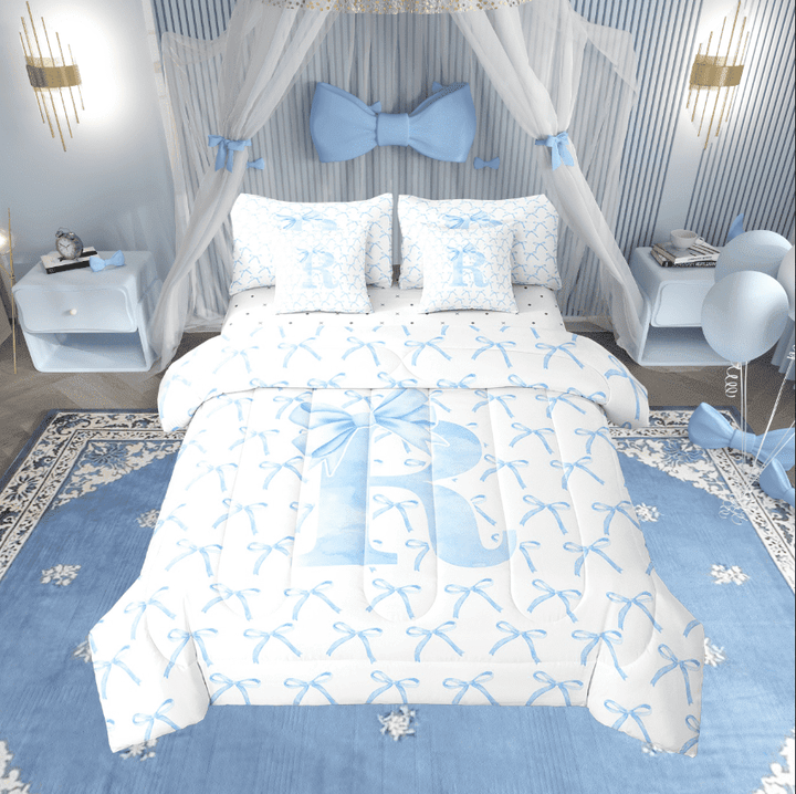Erosebridal Kawaii Bowknot Bedding Sets Twin Size,Initial Letter Comforter Sets with Sheets,Monogrammed Decor,Reversible,7pcs