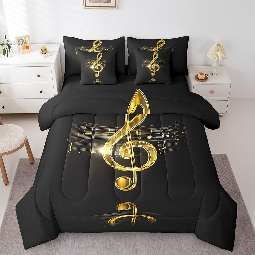 Golden Musical Notes Bed in a Bag Queen Comforter Set 7 Piece,Pop Music Bedding Sets Swirl Spiral Sheet Set with Comforter,Modern Rock Fashion Hip Hop Bed Set