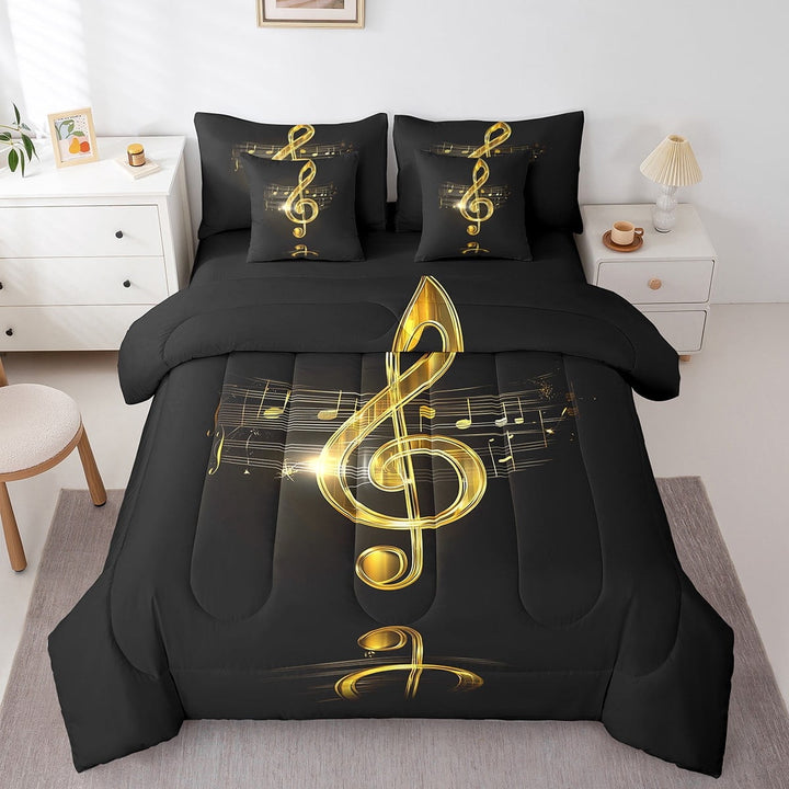 Golden Musical Notes Bed in a Bag Queen Comforter Set 7 Piece,Pop Music Bedding Sets Swirl Spiral Sheet Set with Comforter,Modern Rock Fashion Hip Hop Bed Set