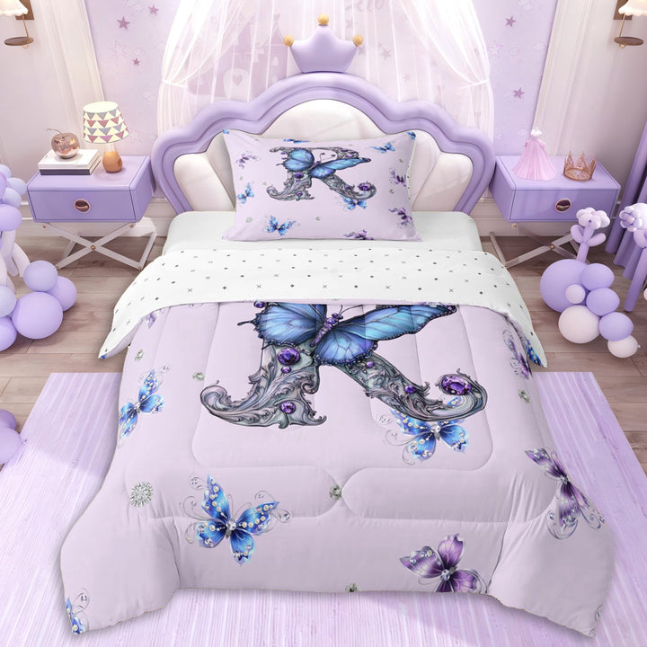 Erosebridal Letter R Monogrammed Vintage Flowers Twin Comforter Sets 3-Piece For Kids Girls,Teens Princess Elegant Flying Butterflies Bedding Set,Super Cozy Room Decor