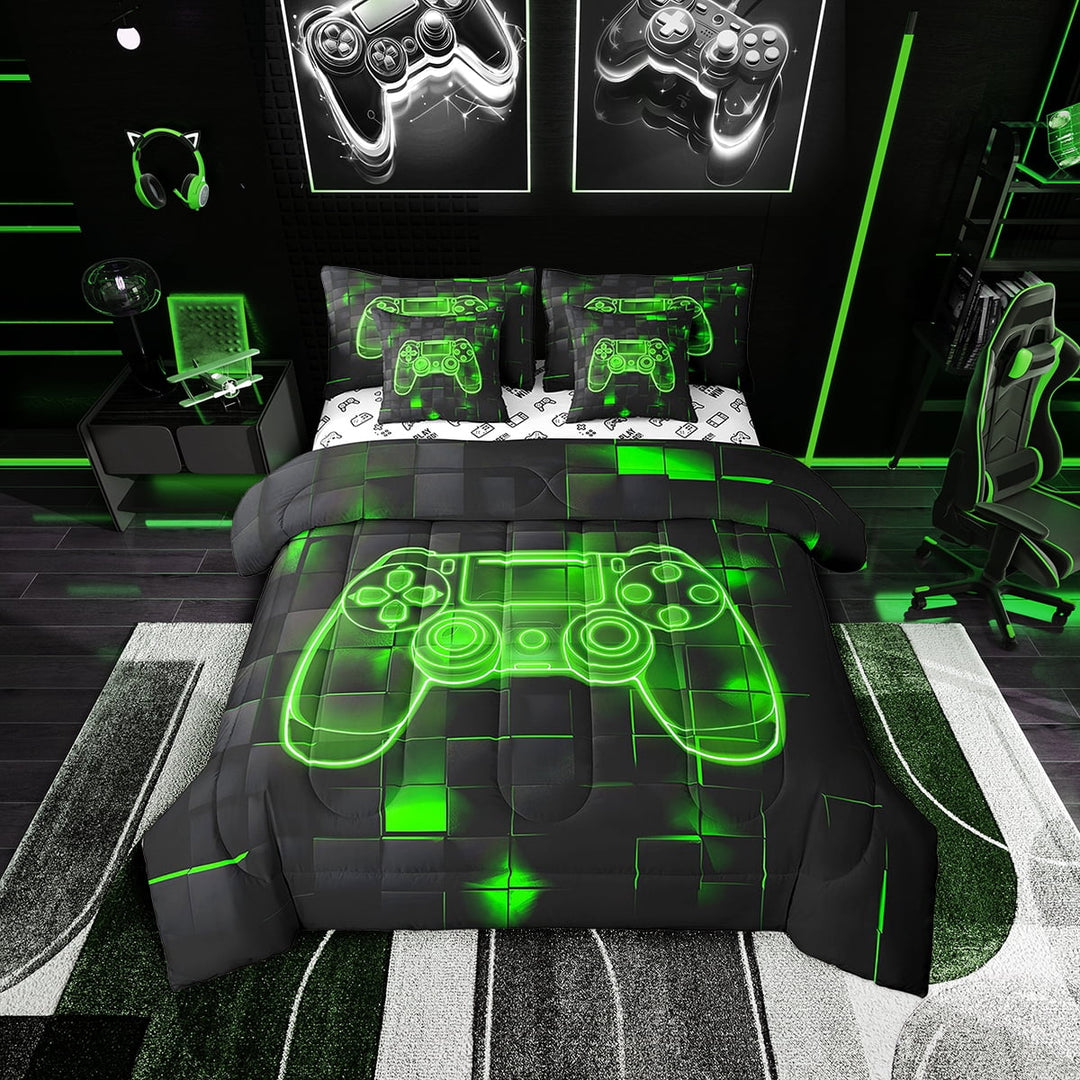 Gaming Bedding Sets Twin, 7 Piece Gamer Comforter Set With Sheets,Video Game Console Bed In A Bag Room Decor,Reversible Geometric Gamepad Bed Set Green Black