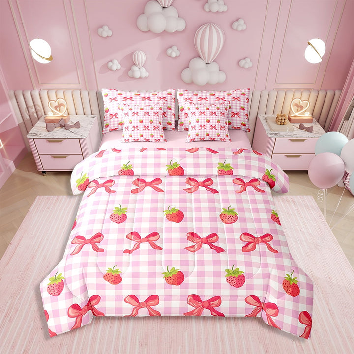 Kawaii Bow Knot Full Size Bed In A Bag for Girls, Cute Strawberry Fruits Soft Comforter Set, Bows Kids Women (Comforter+Fitted+Flat Sheet+2 Pillowcases+2 Throw Pillow Covers) 7 Pieces Bed Set