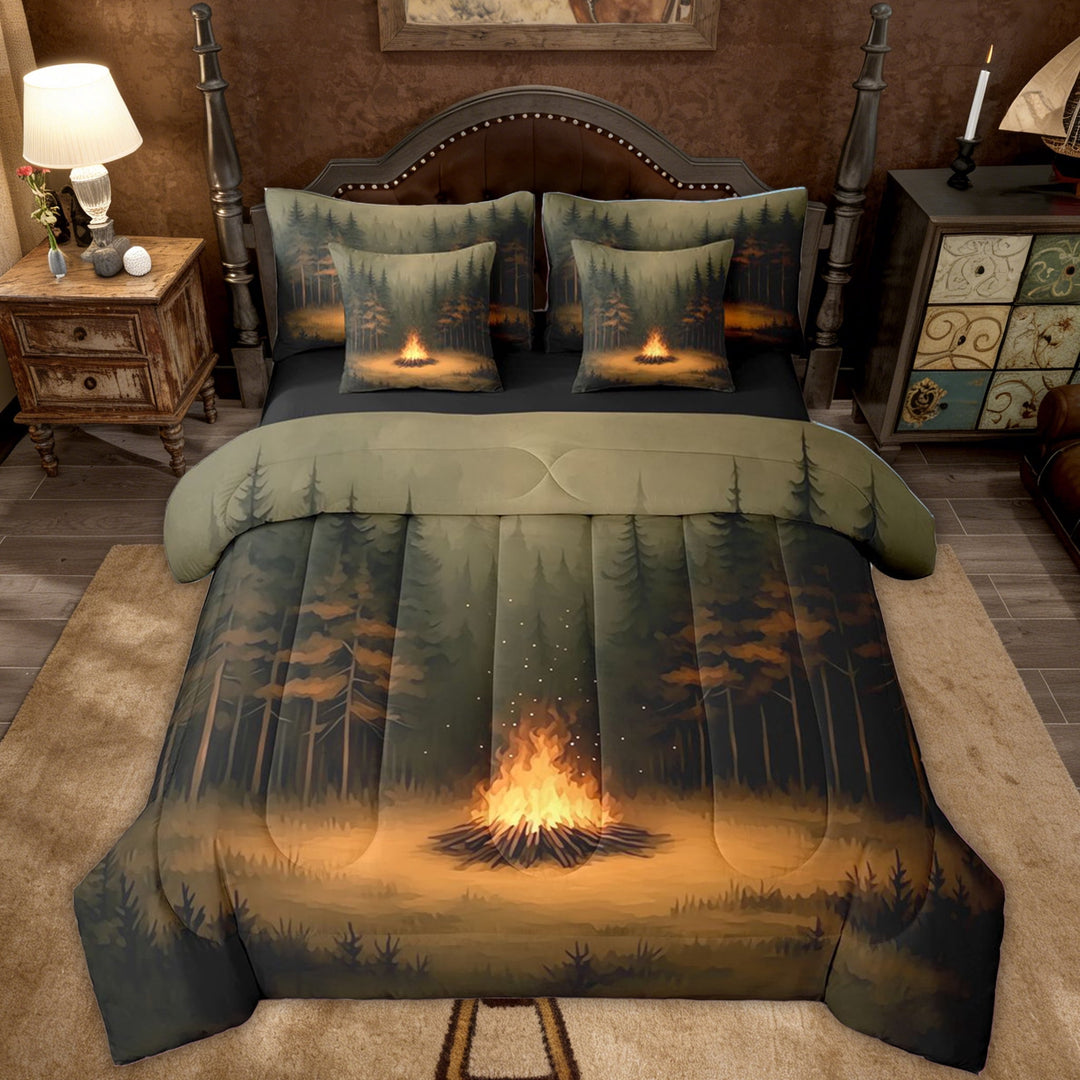 Erosebridal Forest Campfire Twin Bedding Sets, Pine Tree Bedding Comforter Set for Men and Women, 7-Piece