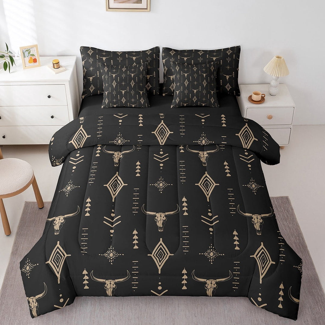 Erosebridal Western Style Bedding Queen Size,Bull Skull Bedding Sets Queen Size,Aztec Tribal Comforter Sets with Sheets,Microfiber Teens Bedroom Decor,Reversible,7 Pieces