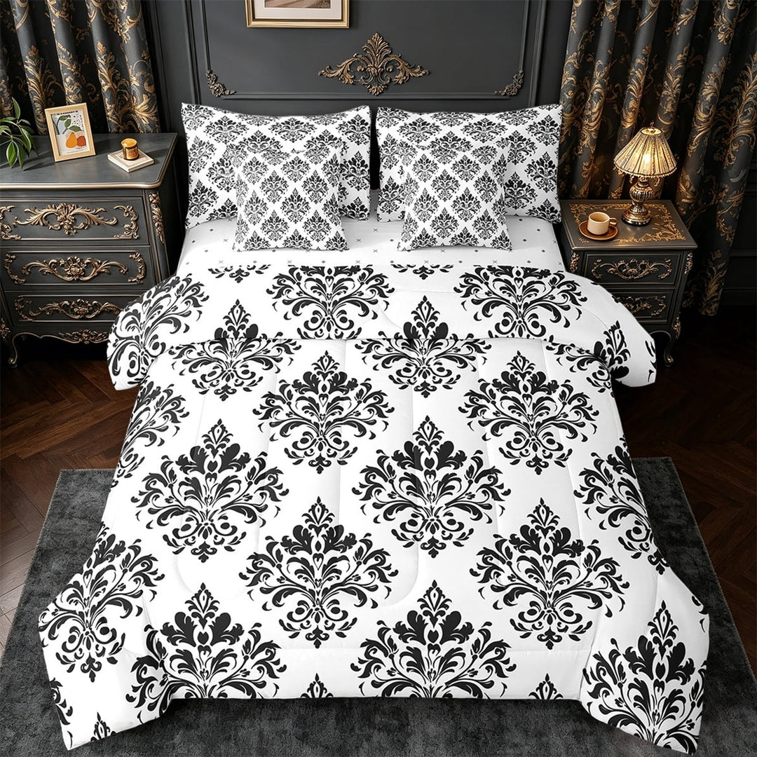 Erosebridal Baroque Gothic Print Bed in a Bag Twin Size,Black Boho Floral Bed Set,White Black Jacquard Bedding Twin Size,Super Cozy Room Decorative Reversible,7 Pieces