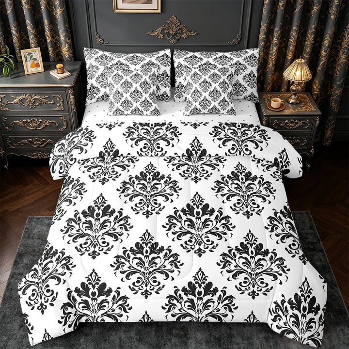 Erosebridal Baroque Gothic Print Bed in a Bag Twin Size,Black Boho Floral Bed Set,White Black Jacquard Bedding Twin Size,Super Cozy Room Decorative Reversible,7 Pieces