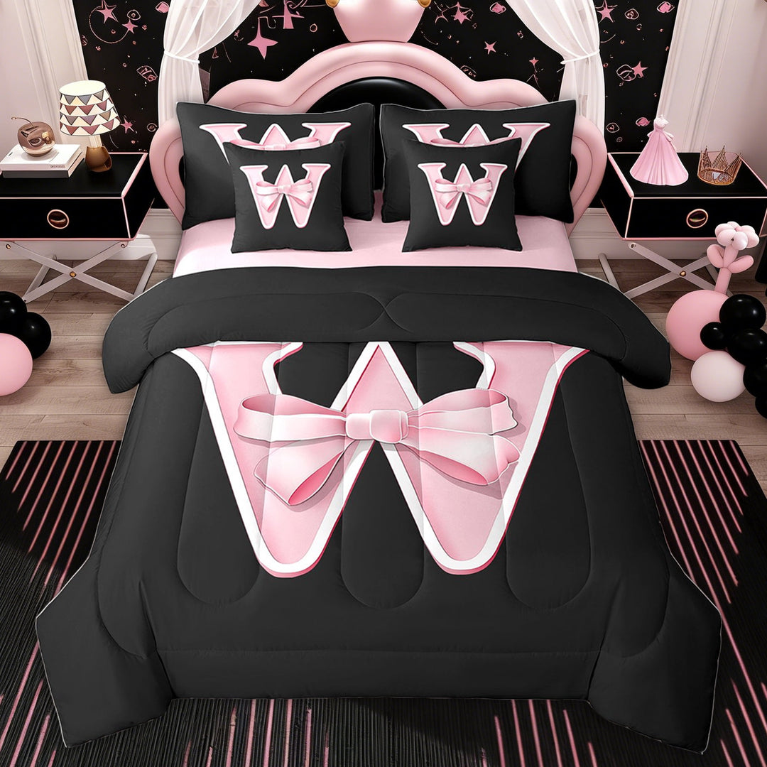 Erosebridal Kids Monogrammed W Bedding Sets Twin Size, Initial Letter Comforter Sets Girly Pink Bow Reversible Bed Set, 7 Pieces