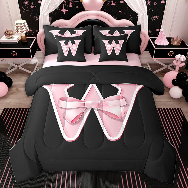 Erosebridal Kids Monogrammed W Bedding Sets Twin Size, Initial Letter Comforter Sets Girly Pink Bow Reversible Bed Set, 7 Pieces