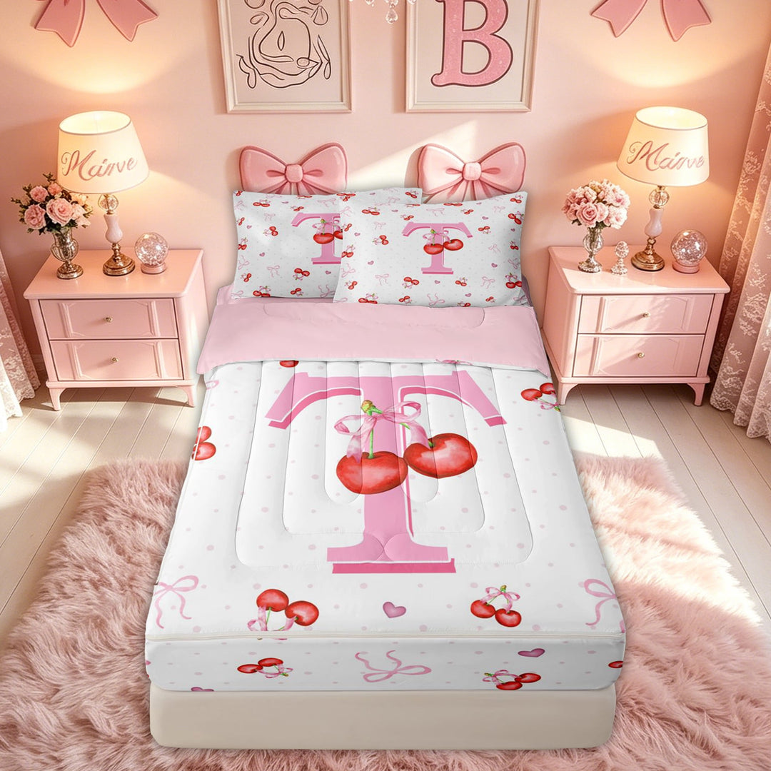 meiyoeat Cherry Letter T Zipper Full Size Comforter Sets with Fitted Sheet and 2 Pillowcases for Girls, Fruit Bow Zipper Bedding Set for Bedroom, Pink, Pink Reversible, 4pcs