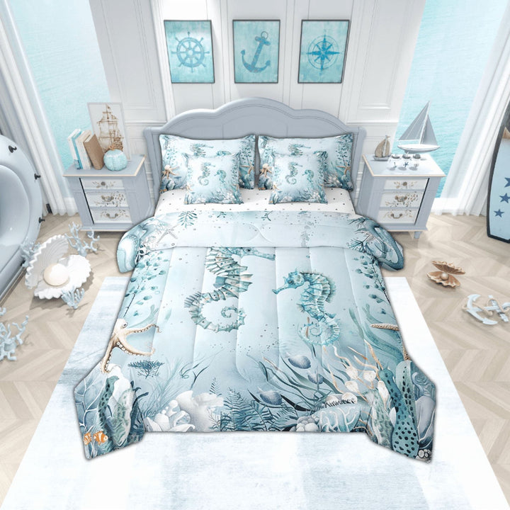 Seahorse Comforter Set 7 Piece Bed in a Bag Twin,Teal Blue Ocean Beach Coastal Bedding Set Starfish Octopus Tentacles Sheet Sets with Comforter Underwater Creature Coral Bed Set