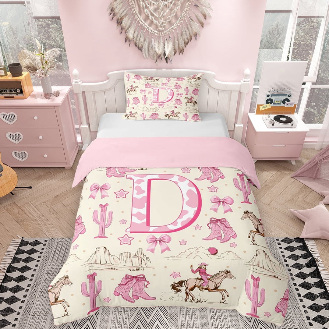 Erosebridal Western Cowgirl Twin Bedding for Girls, Personalized Initial D Duvet Cover Set, Pink Reversible, 1 Duvet Cover and 1 Pillowcase (No Comforter)