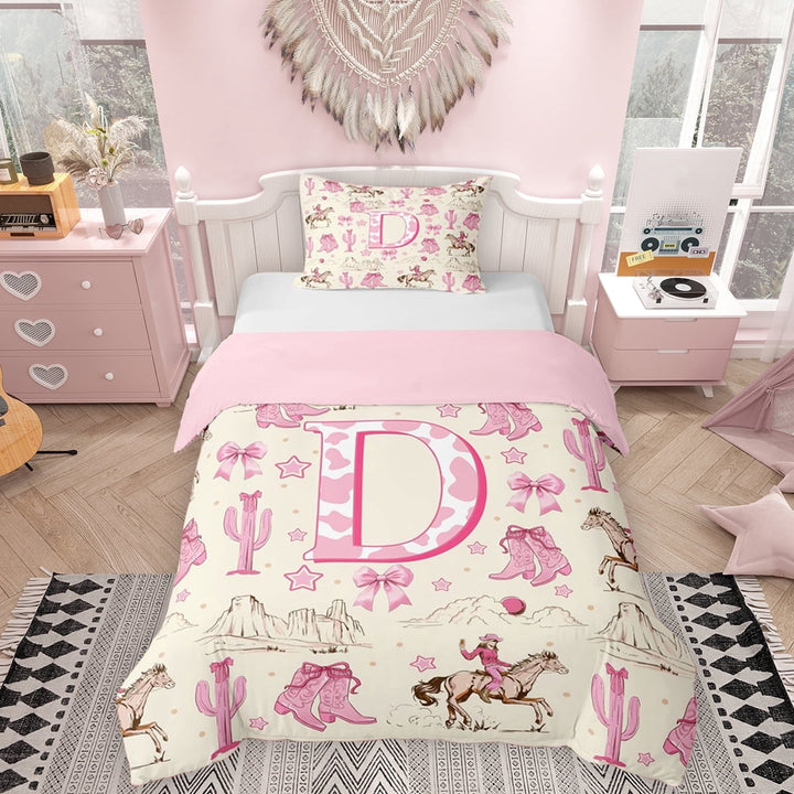 Erosebridal Western Cowgirl Twin Bedding for Girls, Personalized Initial D Duvet Cover Set, Pink Reversible, 1 Duvet Cover and 1 Pillowcase (No Comforter)