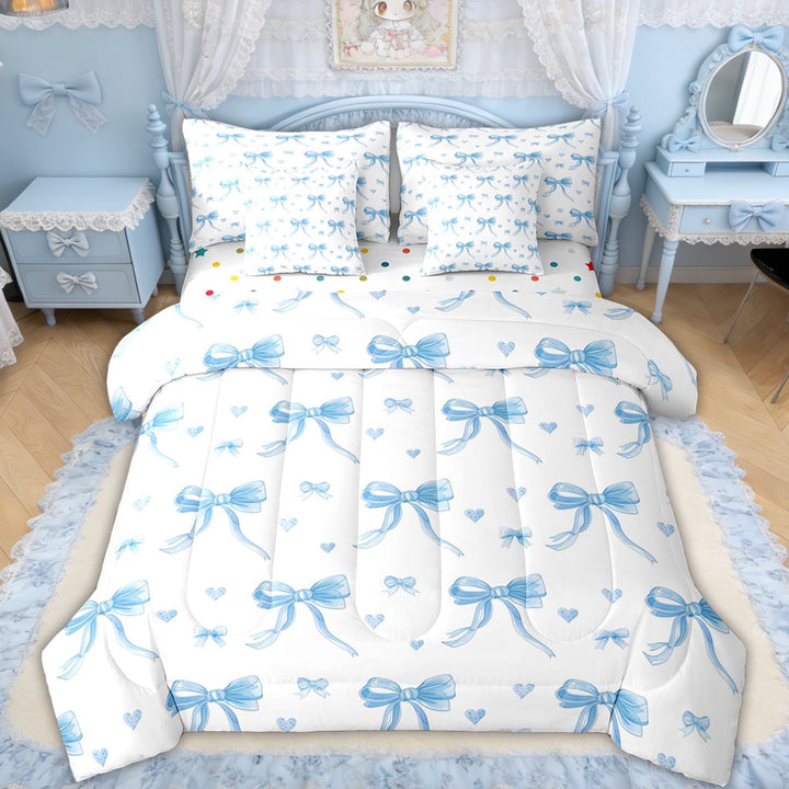 Erosebridal Cute Blue Bow Twin Bedding Sets for Girls, Polkadot Ribbon Bedding Comforter Set for Kids, Polkadot Reversible, 7 Pieces