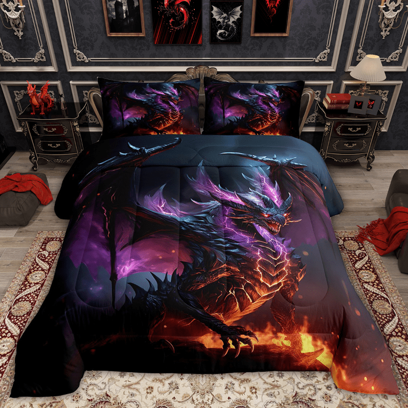 Magical Dragon Comforter Set Twin Wild Animal Bedding Set, Purple Lightning Bedding Comforter Sets Flame Fire Quilted Comforter, 3D Dragon Duvet Teen Adult Magic Theme Room Decor