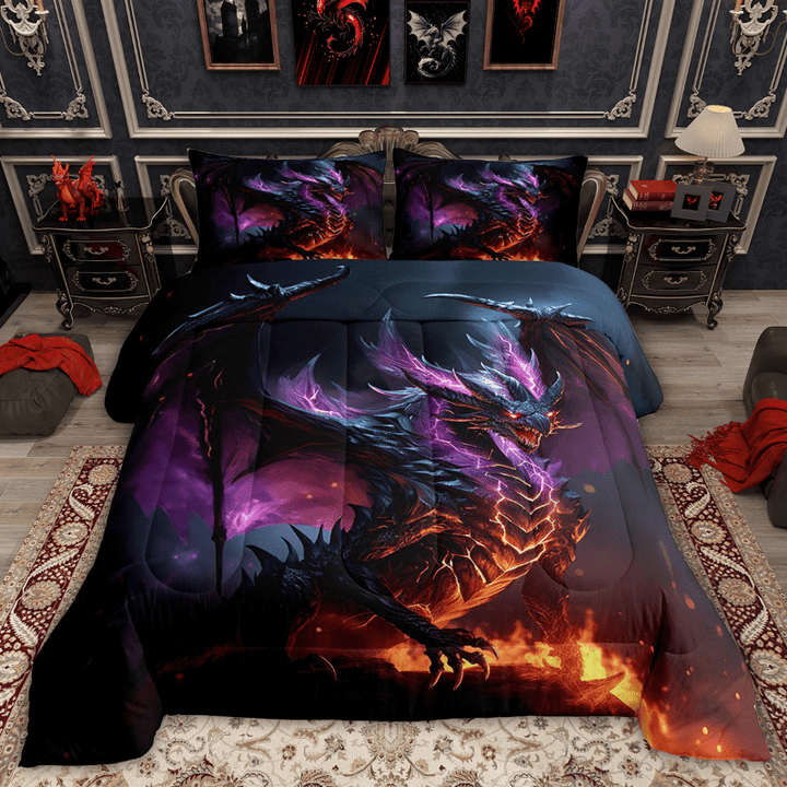Magical Dragon Comforter Set Twin Wild Animal Bedding Set, Purple Lightning Bedding Comforter Sets Flame Fire Quilted Comforter, 3D Dragon Duvet Teen Adult Magic Theme Room Decor