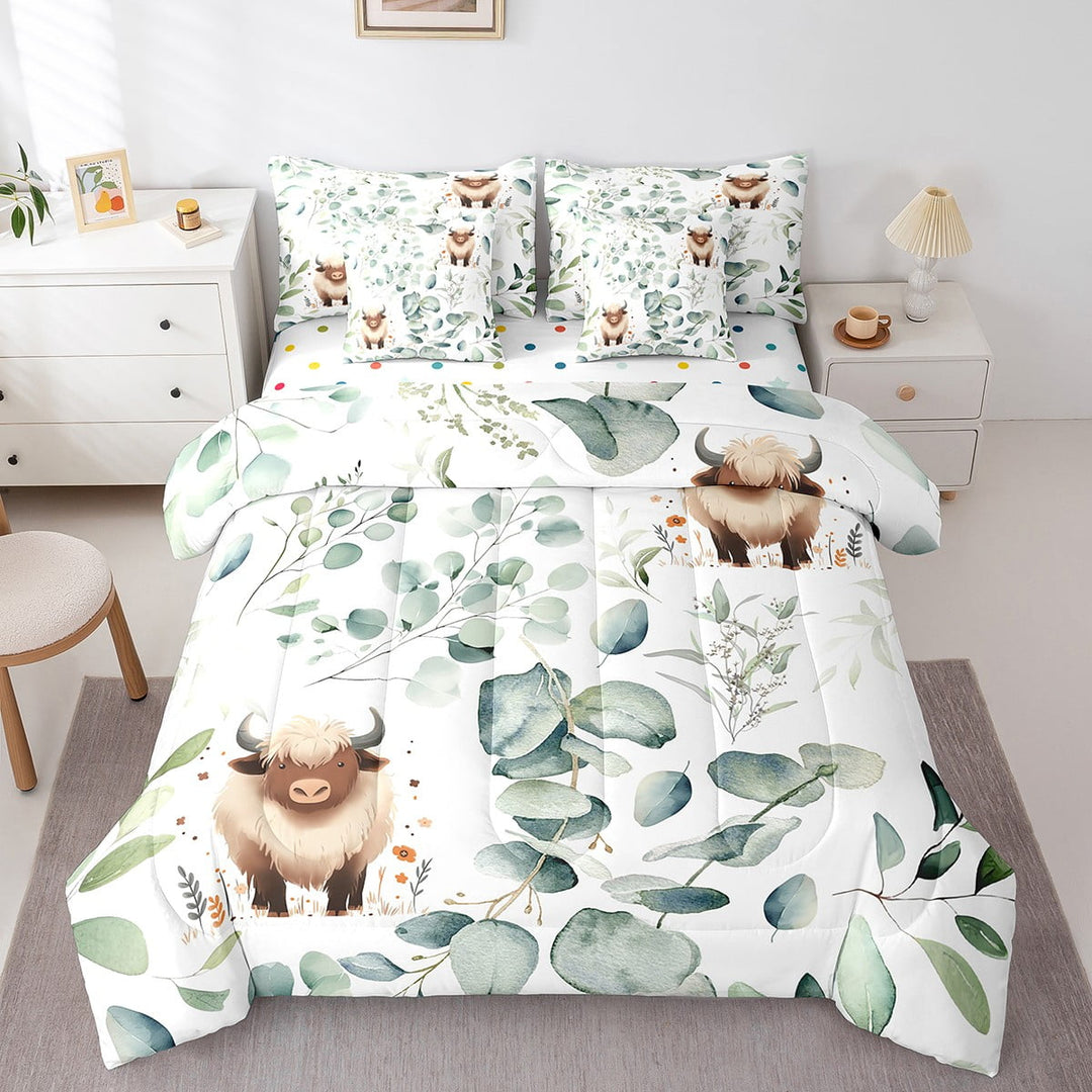 Cartoon Animal Twin Comforter Set 7 Pieces Kawaii Cow Bedding Comforter Sets, Highland Cattle Bull Bed in a Bag Western Cowboy Bedding Set, Botanical Green Eucalyptus Bed Sheets Set