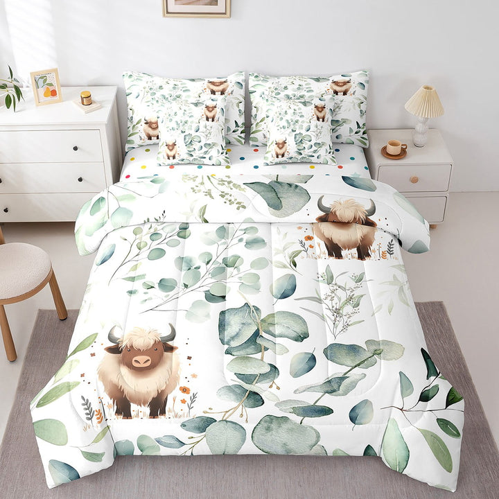 Cartoon Animal Twin Comforter Set 7 Pieces Kawaii Cow Bedding Comforter Sets, Highland Cattle Bull Bed in a Bag Western Cowboy Bedding Set, Botanical Green Eucalyptus Bed Sheets Set