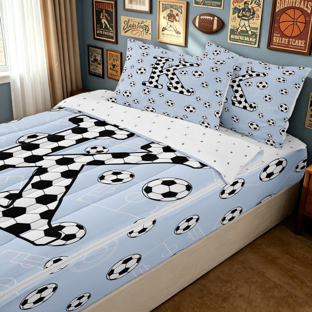 meiyoeat Football Monogrammed K Zipper Full Size Comforter Sets with Fitted Sheet and 2 Pillowcases for Boys, Blue Sport Soccer Zipper Bedding Set, Reversible, 4 Pieces