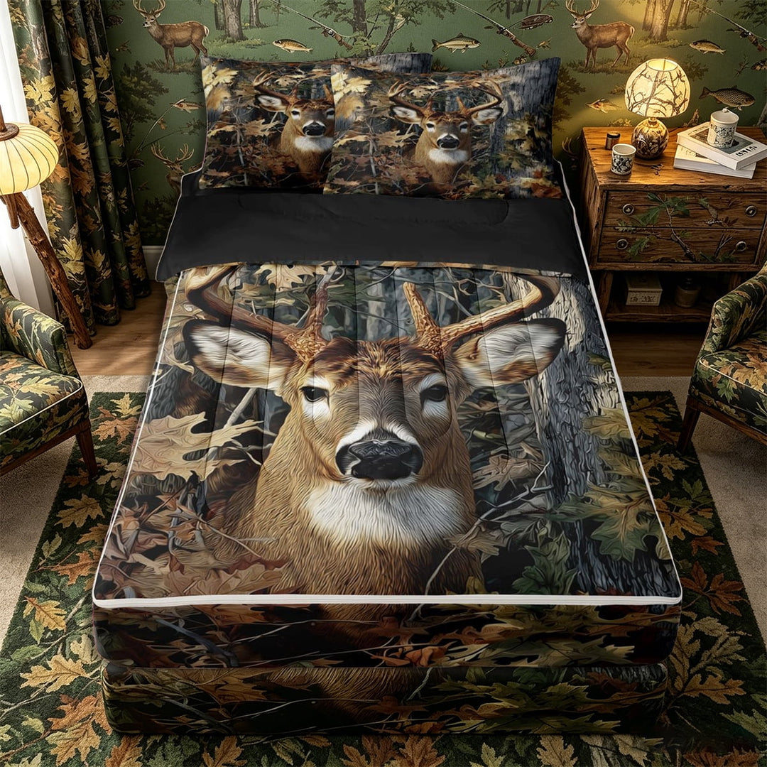 Meiyoeat Jungle Animal Deer Print Zipper Full Size Comforter Sets with Fitted Sheet and 2 Pillowcases, Autumn Oak Leaves Pattern Zipper Bedding Set, Brown Green,4pcs,Black Reversible