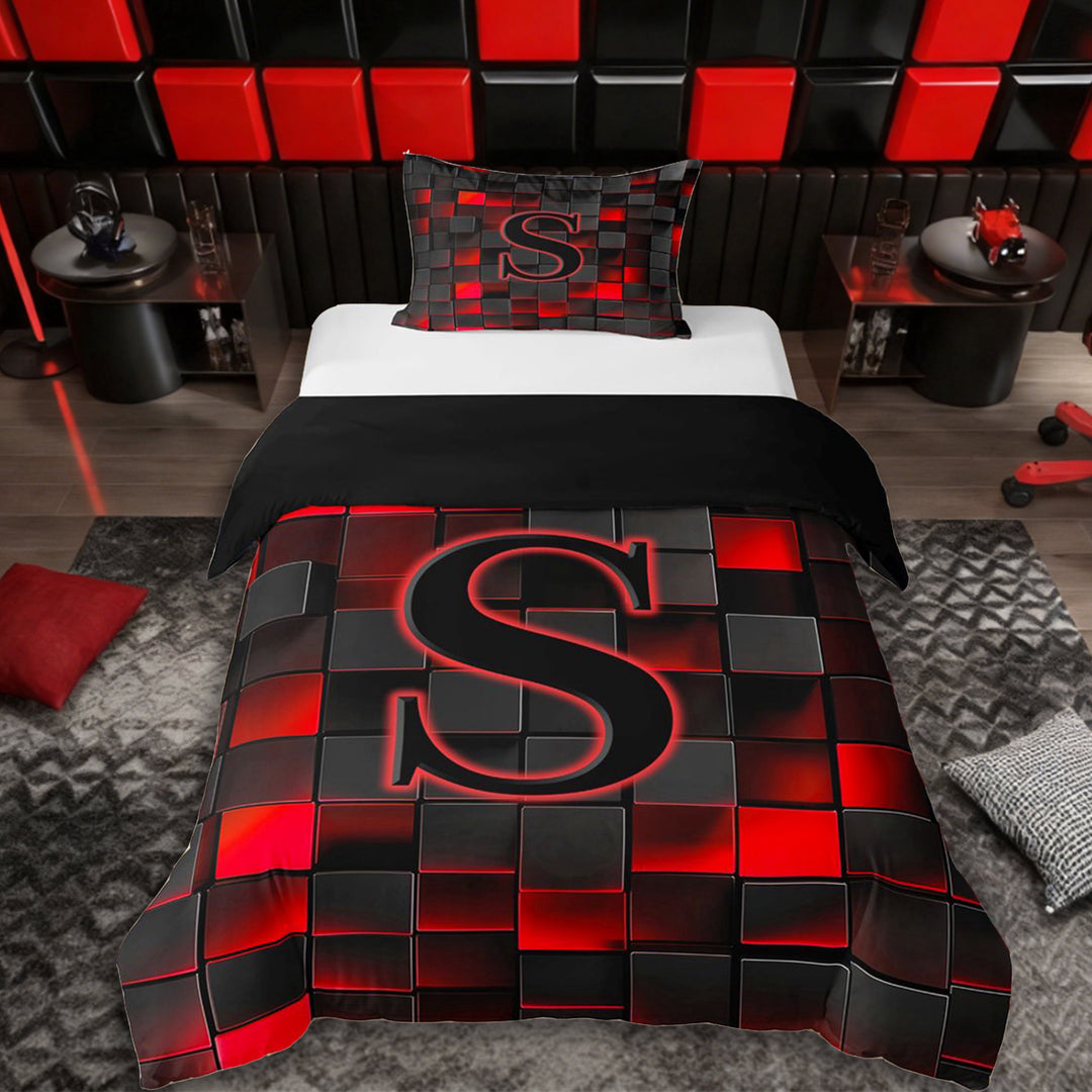 Erosebridal Letter Monogrammed S Boy Twin Bedding,Teens Children Black Red Futuristic Cubes Duvet Cover Set,Black Reversible,2pcs,No Comforter