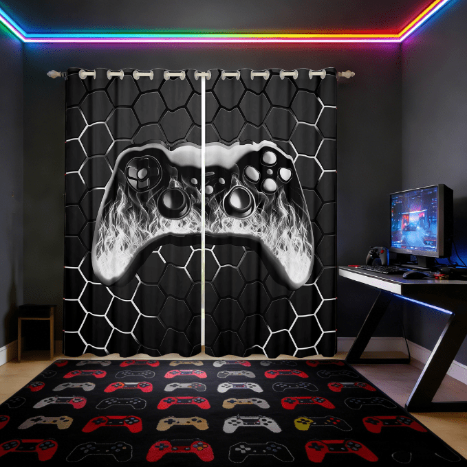 Manfei Gaming Curtains and Drapes (38x45),Geometric Hexagon Blackout Curtains for Bedroom,Gradent Black Silver Curtains Pack of 2 (38x45) For Boy,Microfiber Room Decor